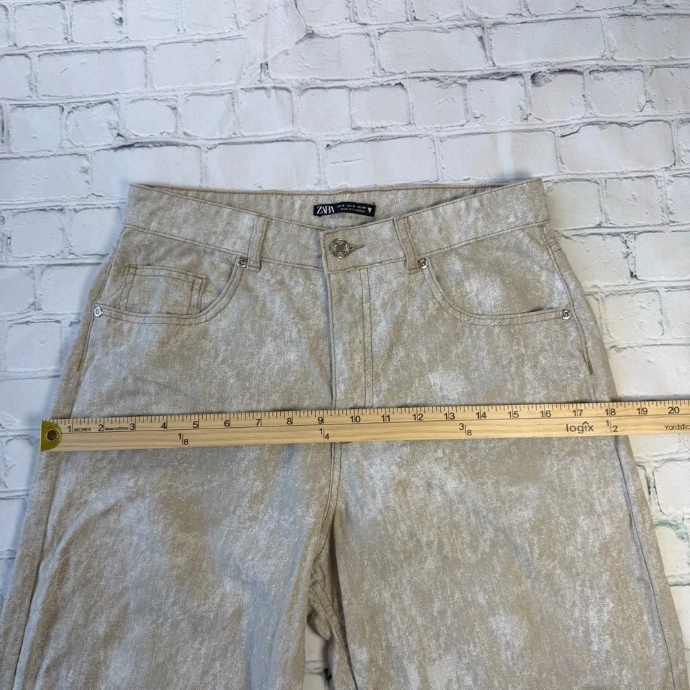 ✅ Zara Beige printed Wide straight Leg Pants linen cotton blend size S